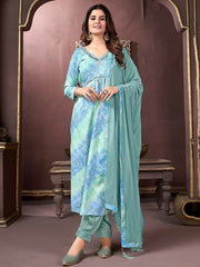 Marvelous Sky-Blue Digital Printed Rayon Salwar Kameez With Dupatta