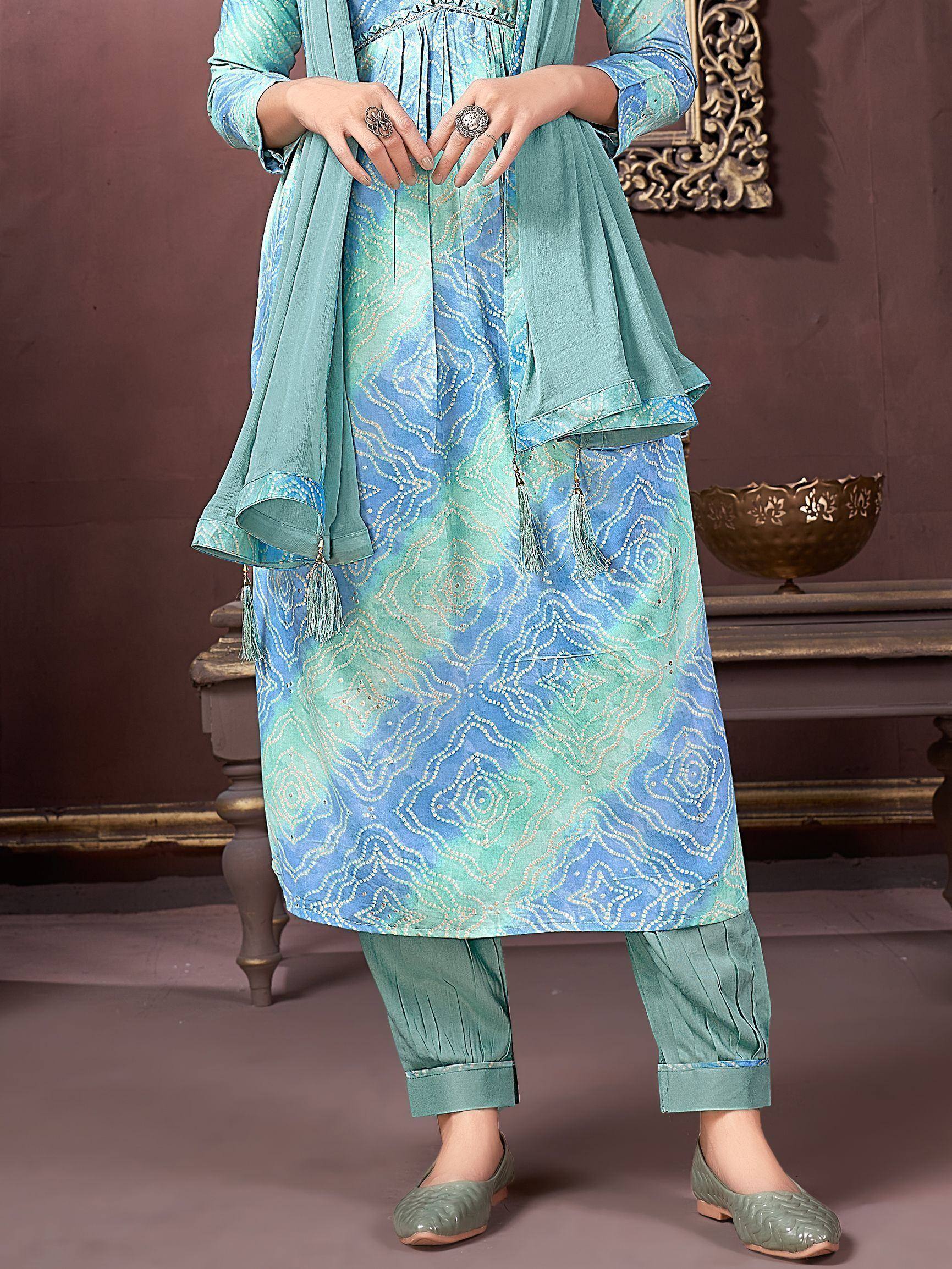 Blue and green printed salwar kameez with tassel dupatta, ethnic wear for women