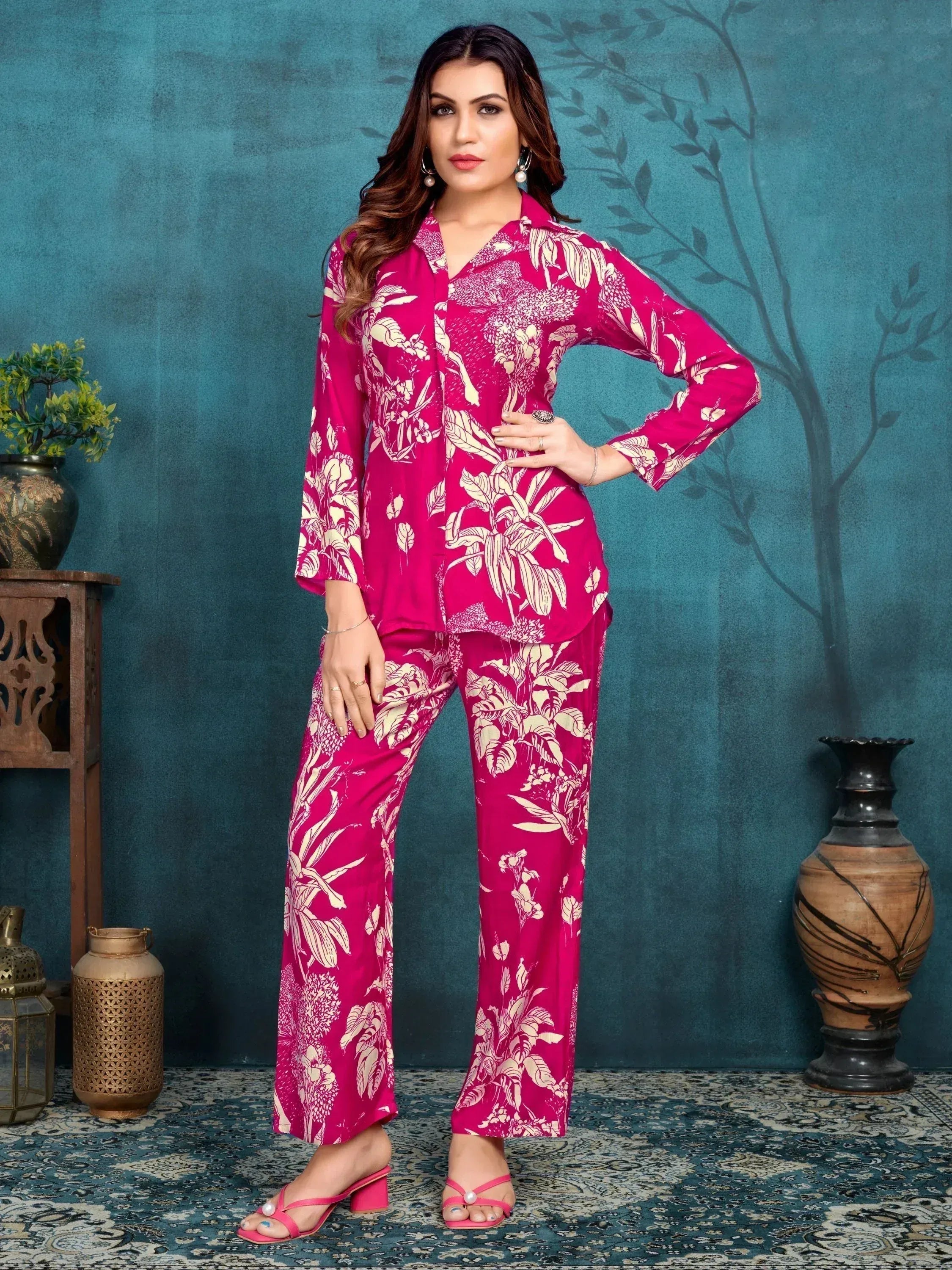 Pink floral print ethnic pantsuit with long sleeves, perfect for casual Indian wear