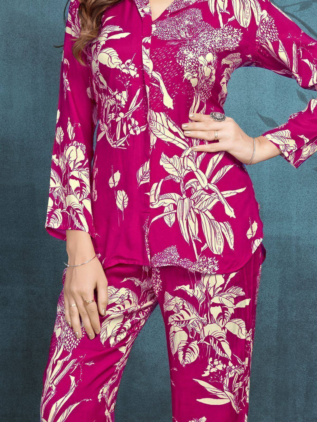 Magenta floral print salwar kameez with bell sleeves, ethnic Indian wear for women