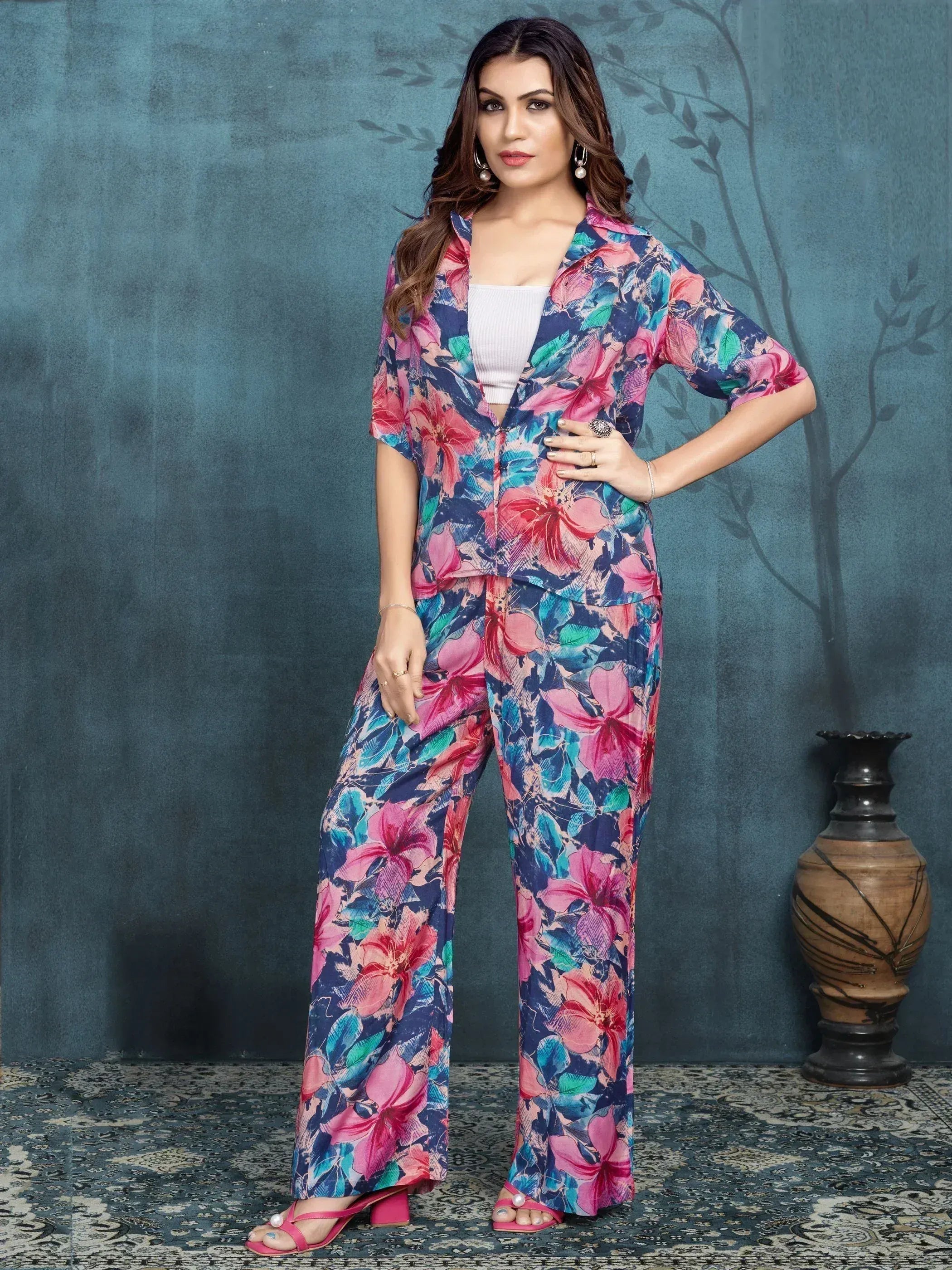 Floral print ethnic palazzo suit with matching jacket, perfect for casual Indian wear