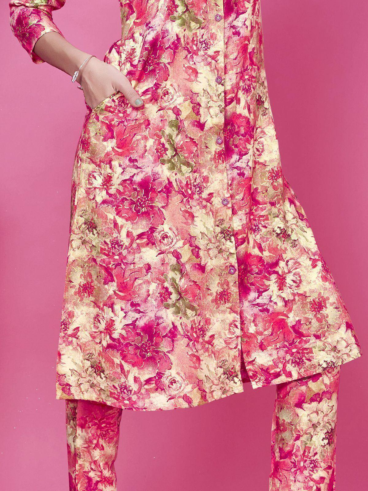 Pink floral printed ethnic kurta with matching pants, stylish Indian wear