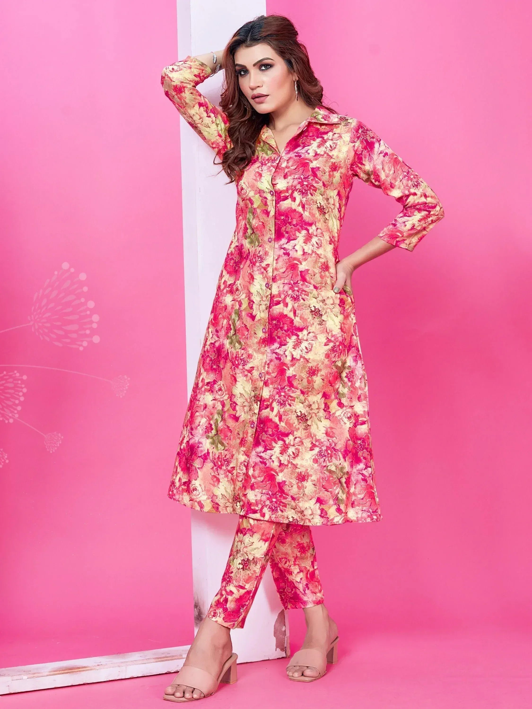 Floral printed ethnic kurta set with matching pants, perfect for Indian festive wear