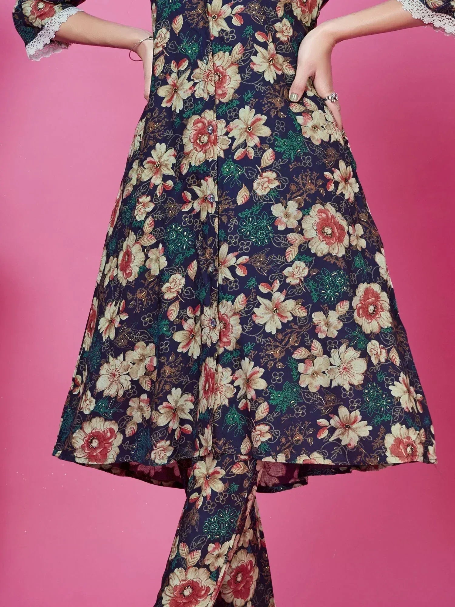 Floral printed ethnic gown with lace sleeves and high-low hem, perfect for Indian occasions