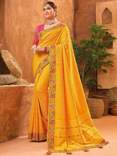 Gorgeous Mustard Yellow Mirror Work Banarasi Silk Haldi Wear Saree