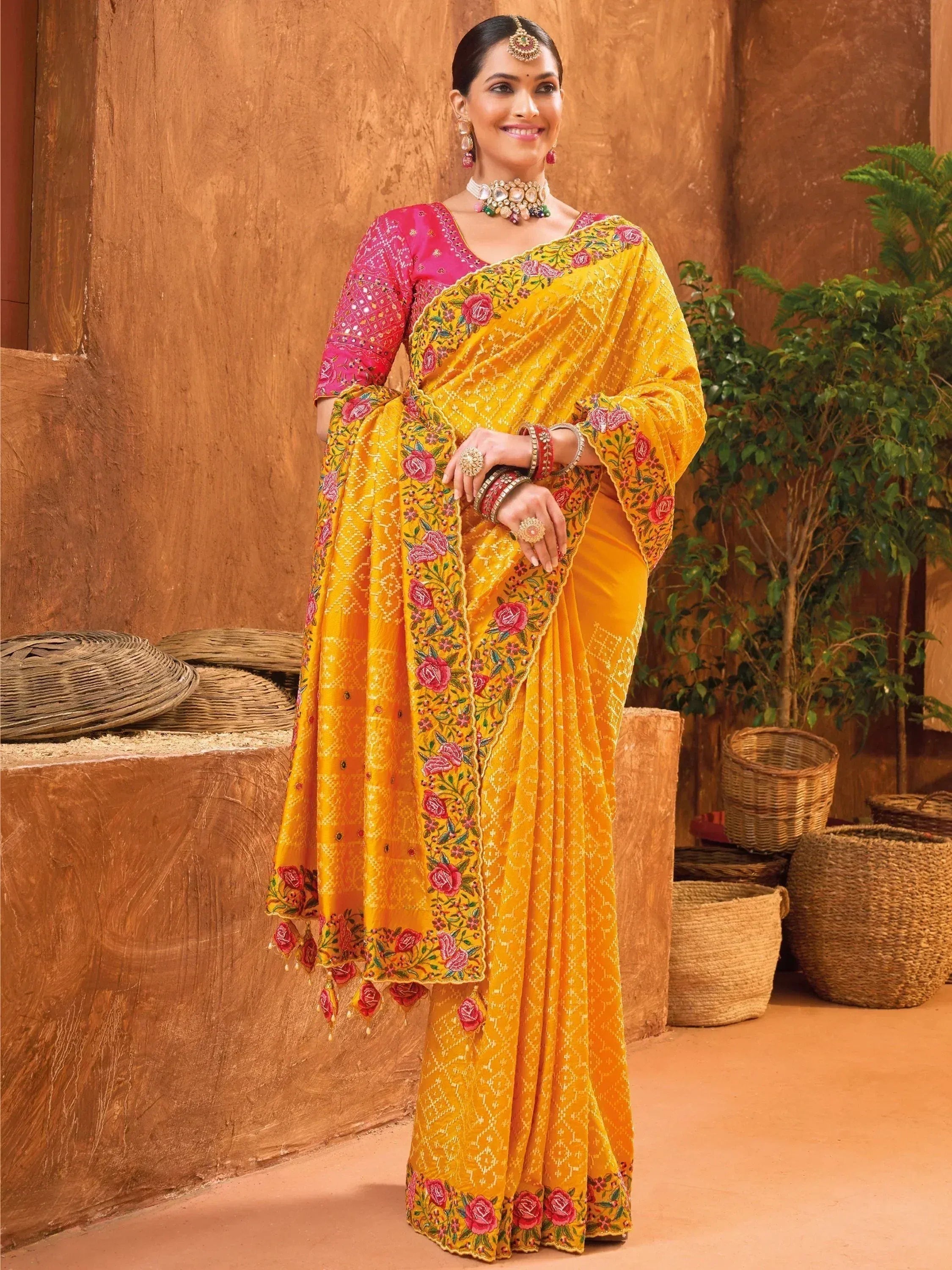 Yellow floral embroidered saree with pink blouse, Indian ethnic wear for women