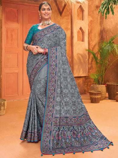 Alluring Grey Mirror Work Banarasi Silk Traditional Saree With Blouse