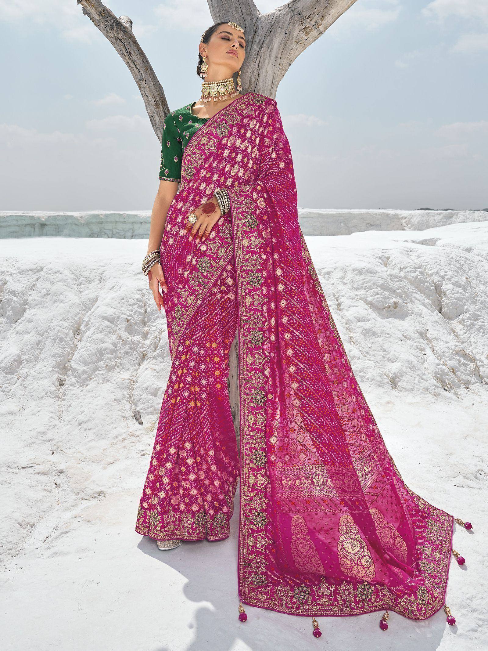 Woman in vibrant pink embroidered saree with green blouse, traditional Indian ethnic wear, standing by white landscape