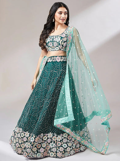 Gorgeous Teal Green Sequins Georgette Engagement Wear Lehenga Choli