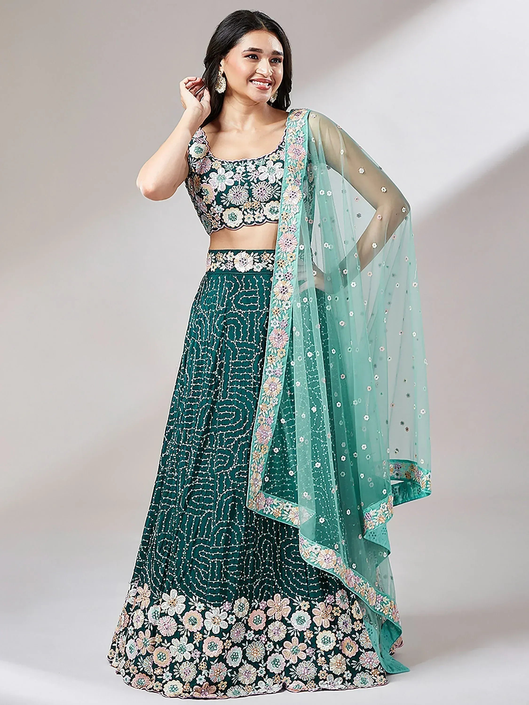 Emerald green floral embroidered lehenga choli with sheer dupatta, Indian ethnic wear