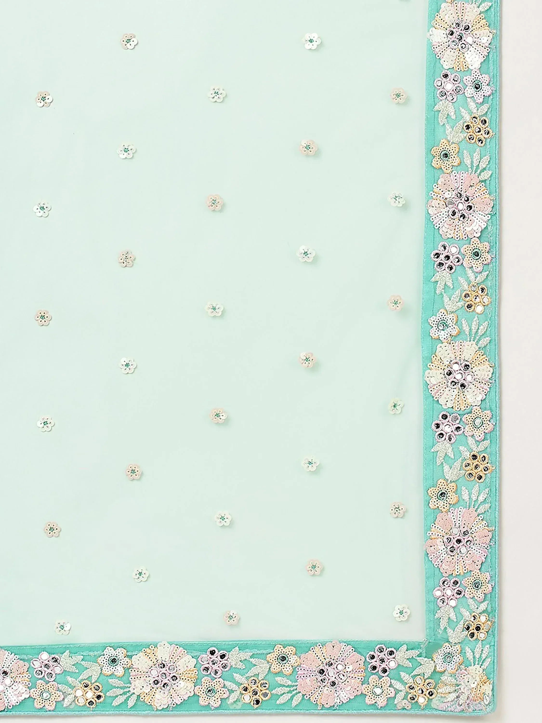 Mint green ethnic dupatta with floral sequin embroidery and border, perfect for lehenga or saree
