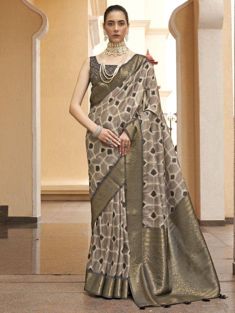 Elegant Indian saree with geometric patterns and golden border, paired with traditional jewelry