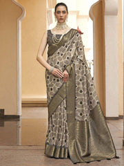 Charming Grey & Sage Green Digital Printed Silk Saree With Blouse