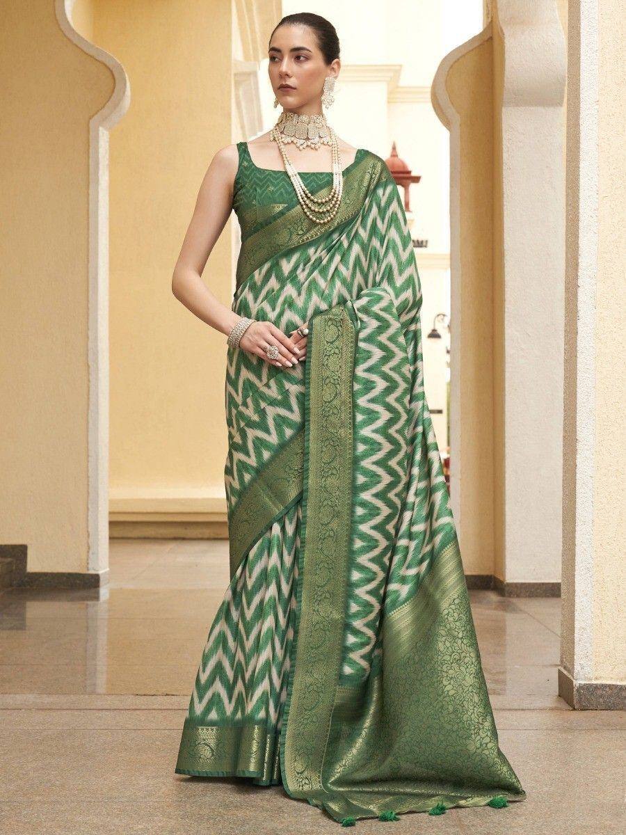 Green zigzag pattern saree with gold border, ethnic Indian wear for women