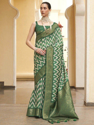 Attractive Green Digital Printed Silk Traditional Saree With Blouse