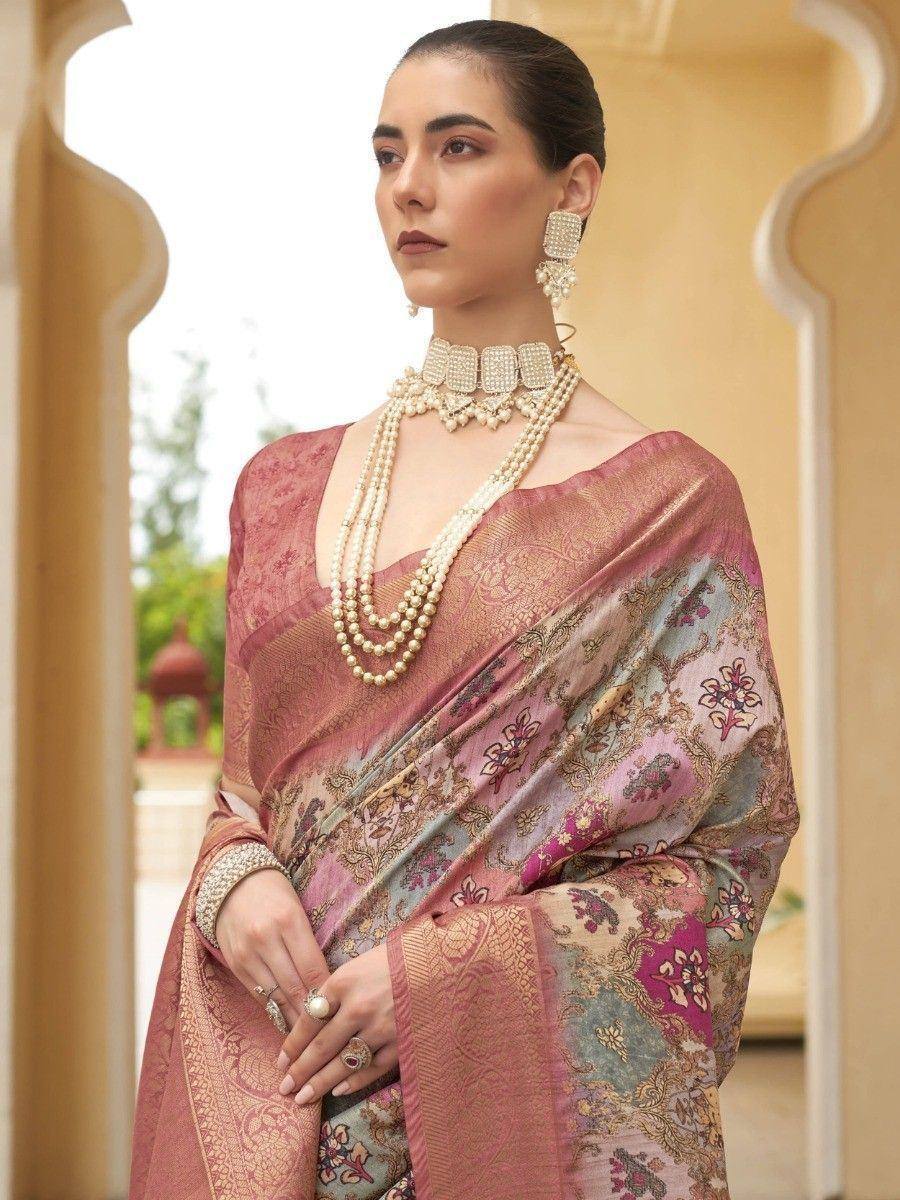 Elegant woman in designer floral saree with pearl jewelry, Indian ethnic wear