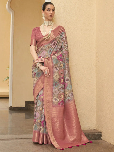 Outstanding Dusty Pink Floral Printed Silk Festival Wear Saree
