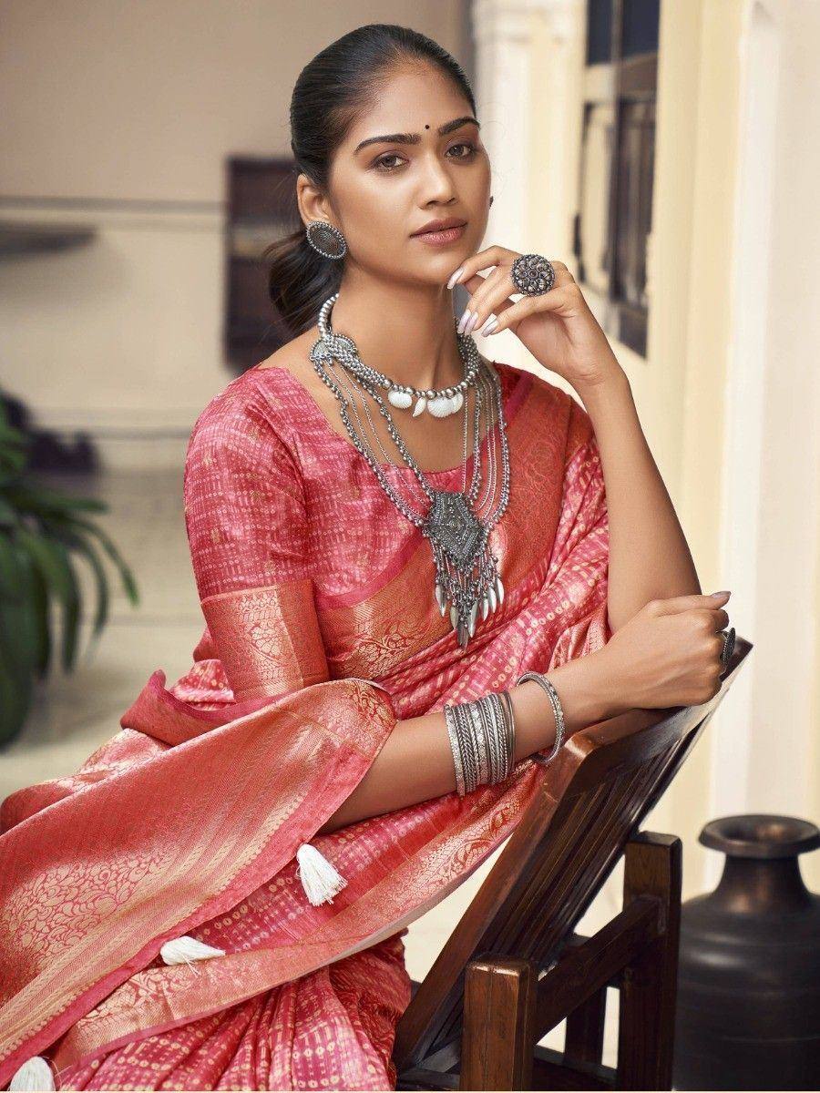 Woman in pink designer saree with silver jewelry, ethnic Indian wear