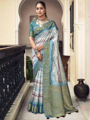 Adorable White Digital Printed Silk Festival Wear Saree With Blouse