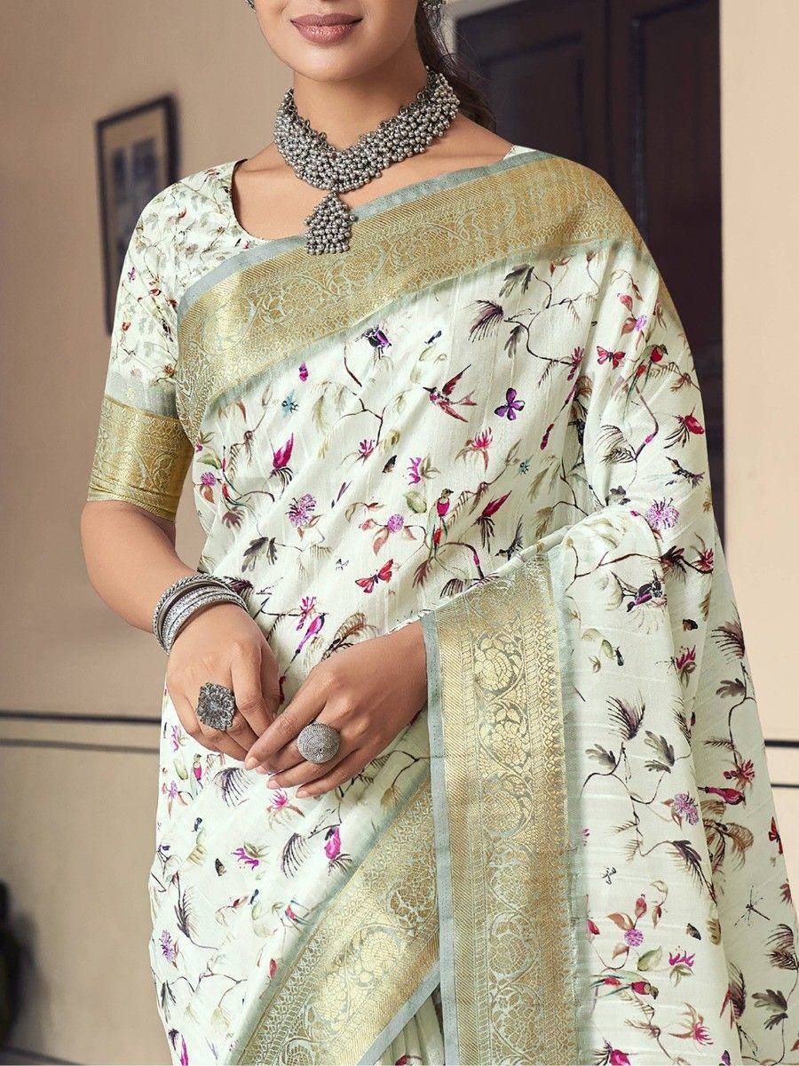 Elegant floral print saree with golden border, perfect for Indian ethnic wear occasions