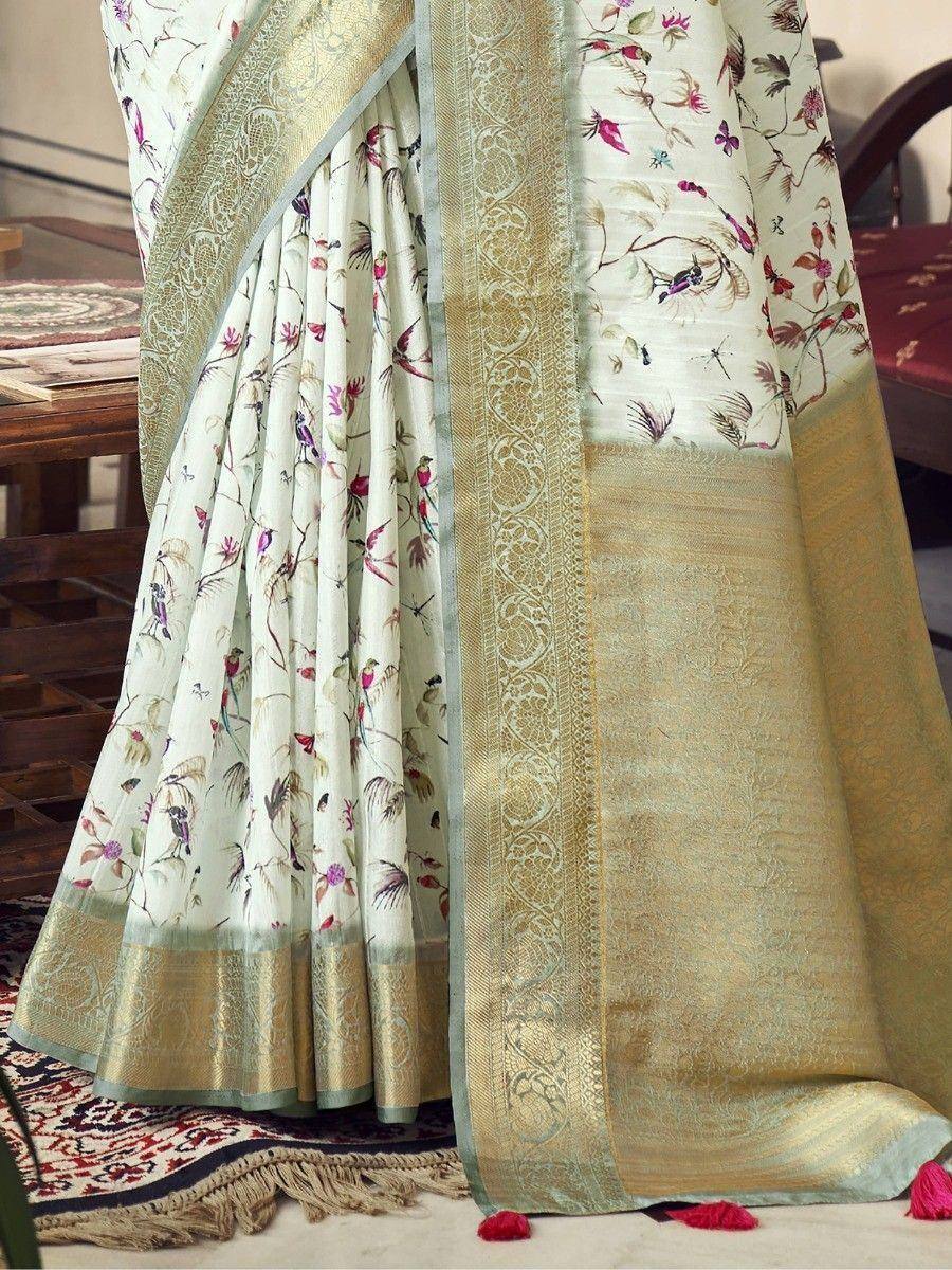 Elegant floral print saree with golden border, perfect for Indian ethnic wear occasions