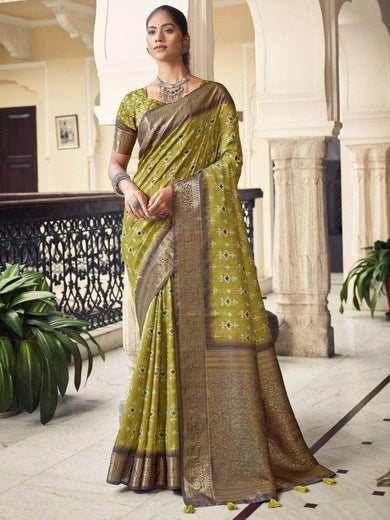 Glamorous Olive Green Digital Printed Silk Traditional Saree With Blouse