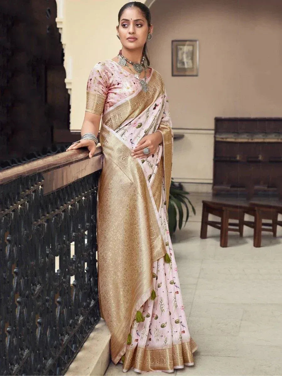 Pink floral saree with gold border, ethnic Indian wear for women
