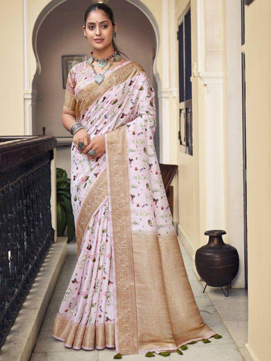 Stunning Light Pink Digital Printed Silk Function Wear Saree With Blouse