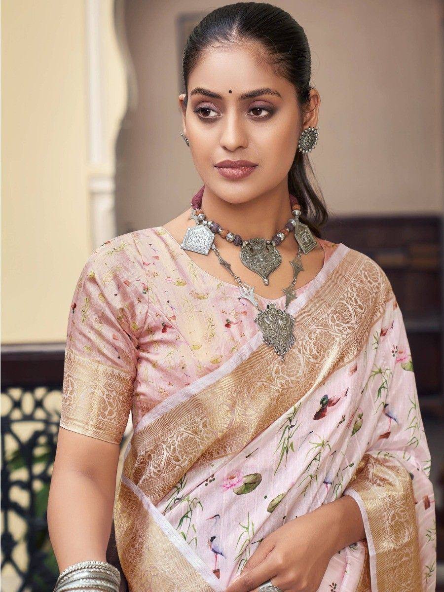 Pink floral saree with gold border, ethnic jewelry, designer Indian wear for women