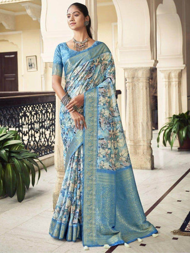 Remarkable Sky-Blue Floral Printed Silk Festival Wear Saree With Blouse