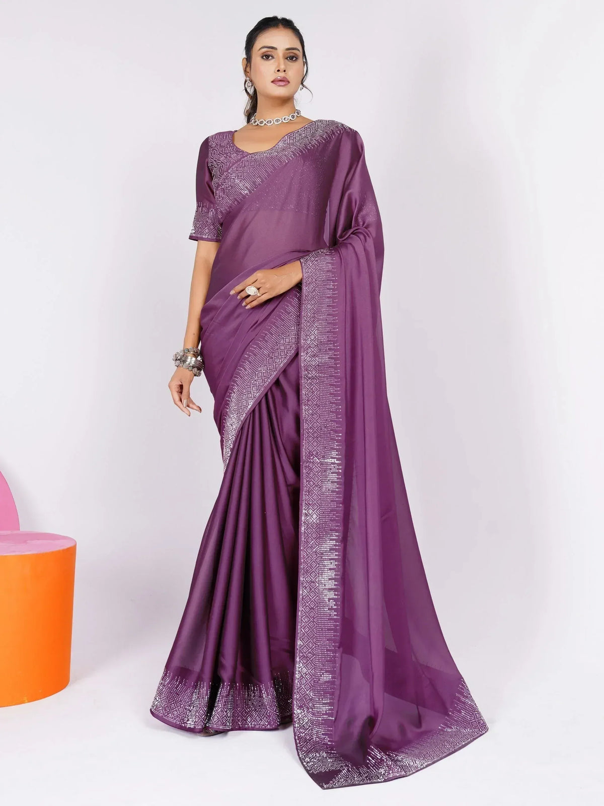 Purple designer saree with sequin border and blouse, ethnic Indian wear for women