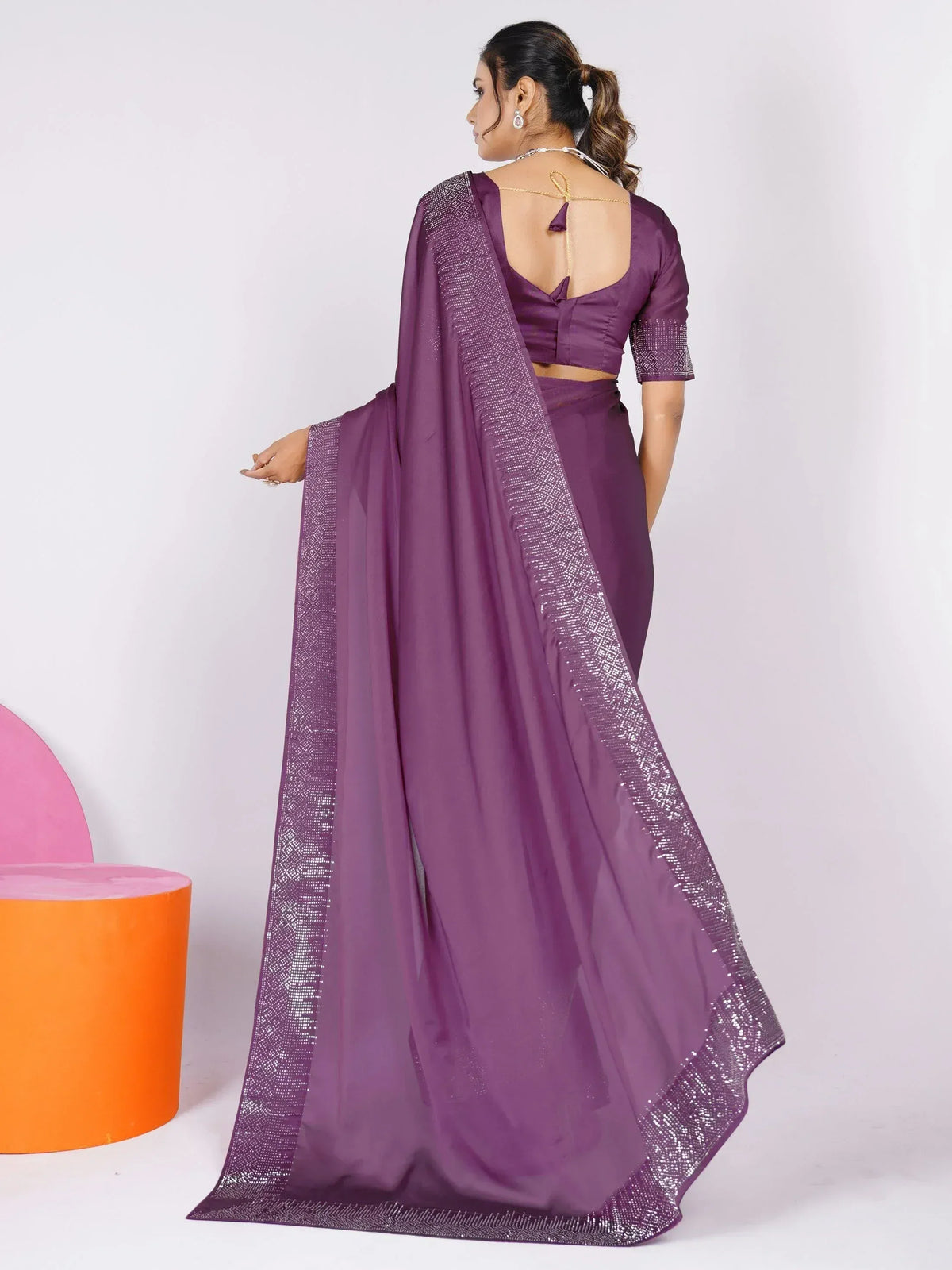 Purple saree with sequin border and backless blouse, Indian ethnic wear