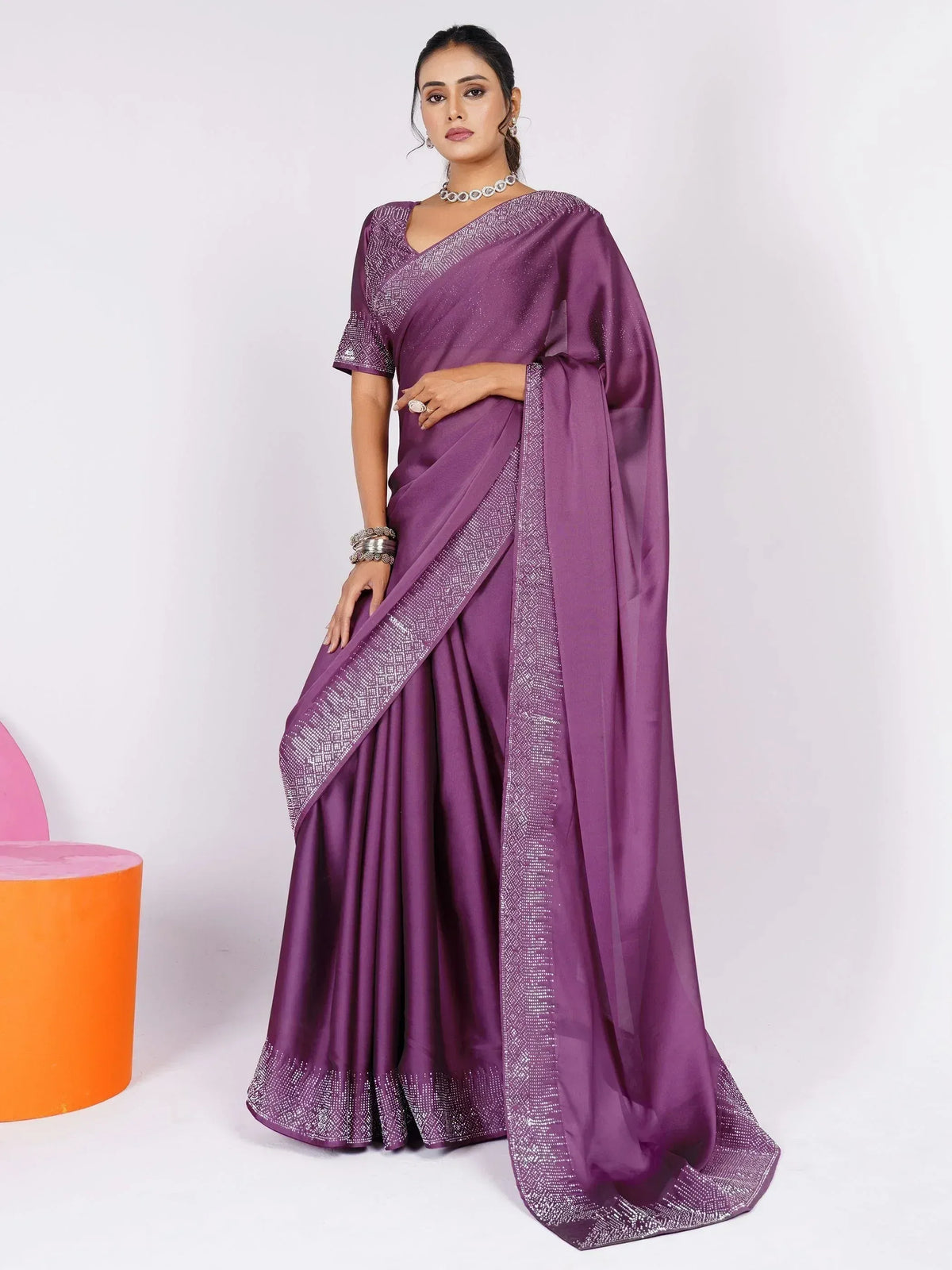 Purple designer saree with silver embroidery, perfect for Indian ethnic wear occasions