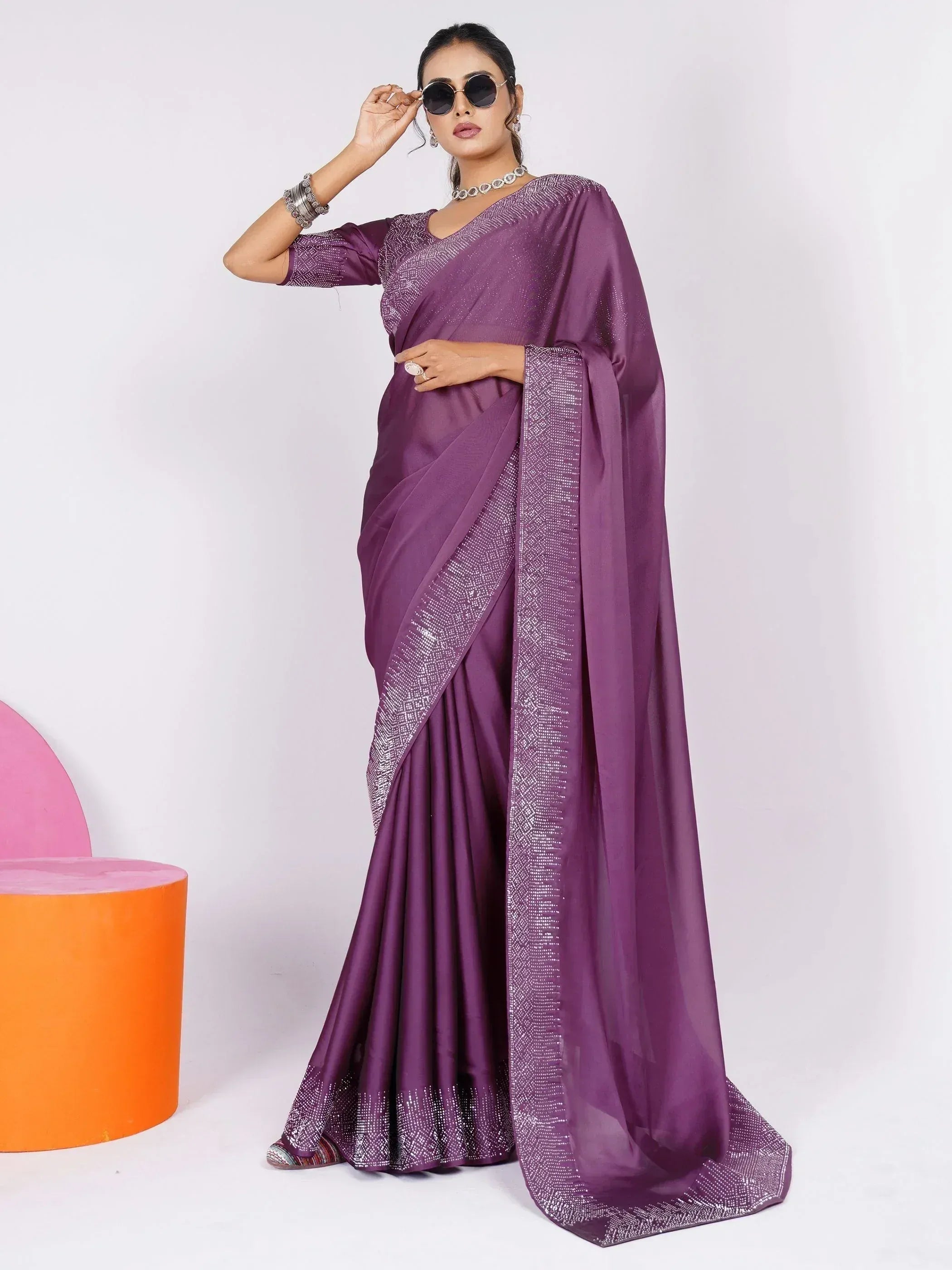 Purple designer saree with sequin border, ethnic wear for women, stylish Indian saree