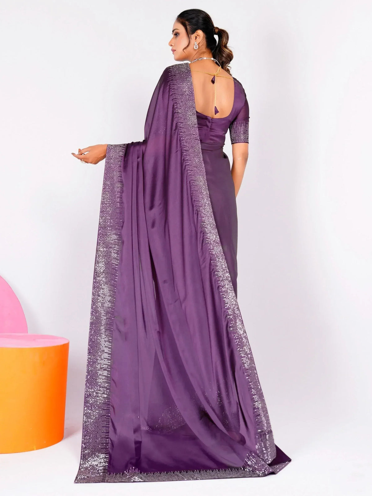 Purple designer saree with sequin border and backless blouse, ethnic wear for women