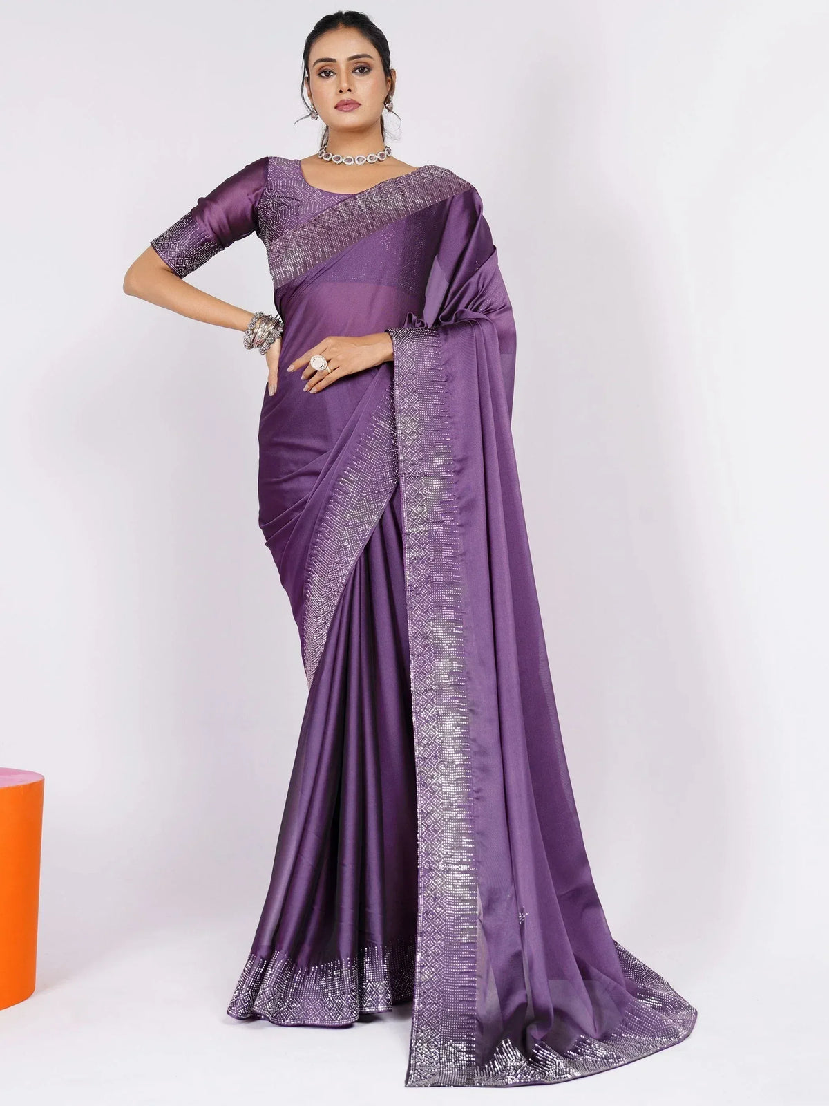 Purple designer saree with sequin border and blouse, ethnic wear for women