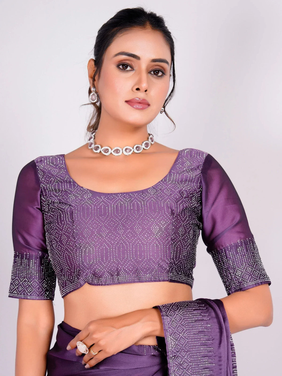 Purple embroidered designer blouse with sequins, perfect for Indian ethnic wear and saree styling