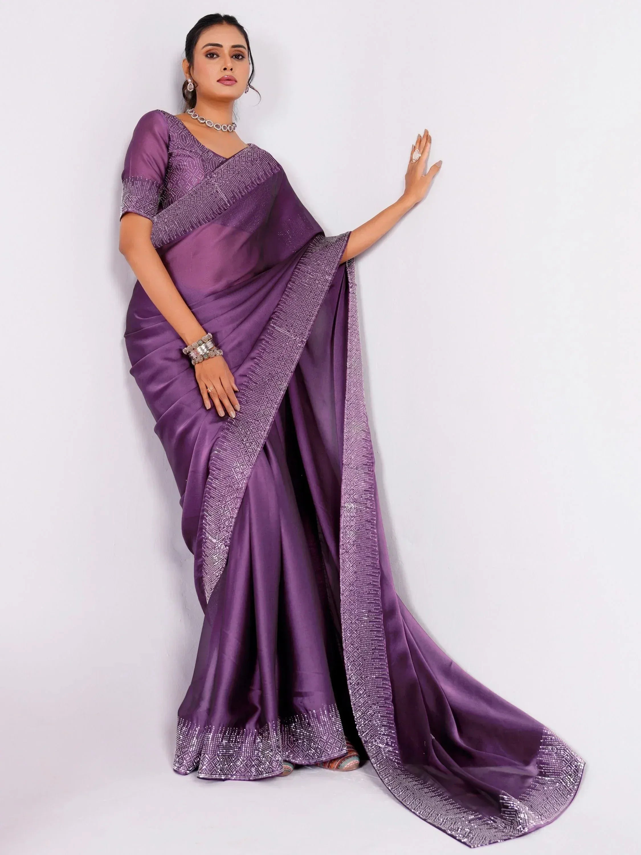 Purple designer saree with sequin border, ethnic wear for women