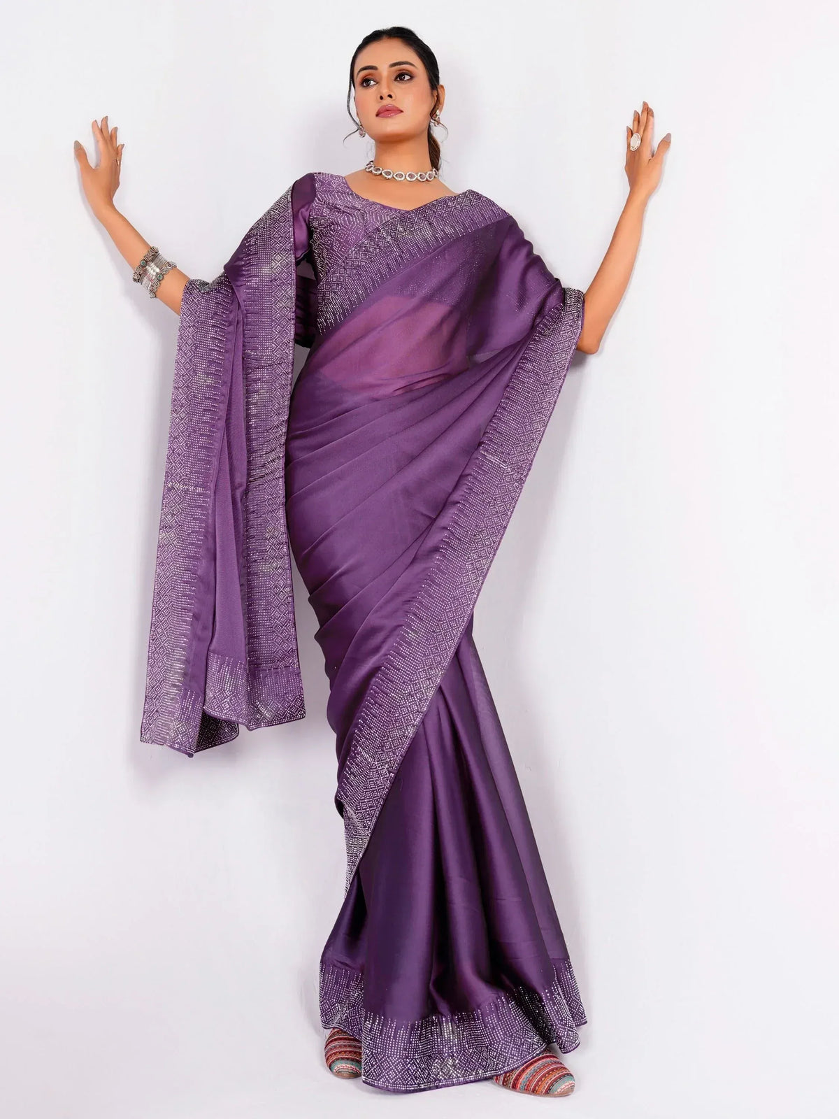 Purple designer saree with sequin border, ethnic wear for women