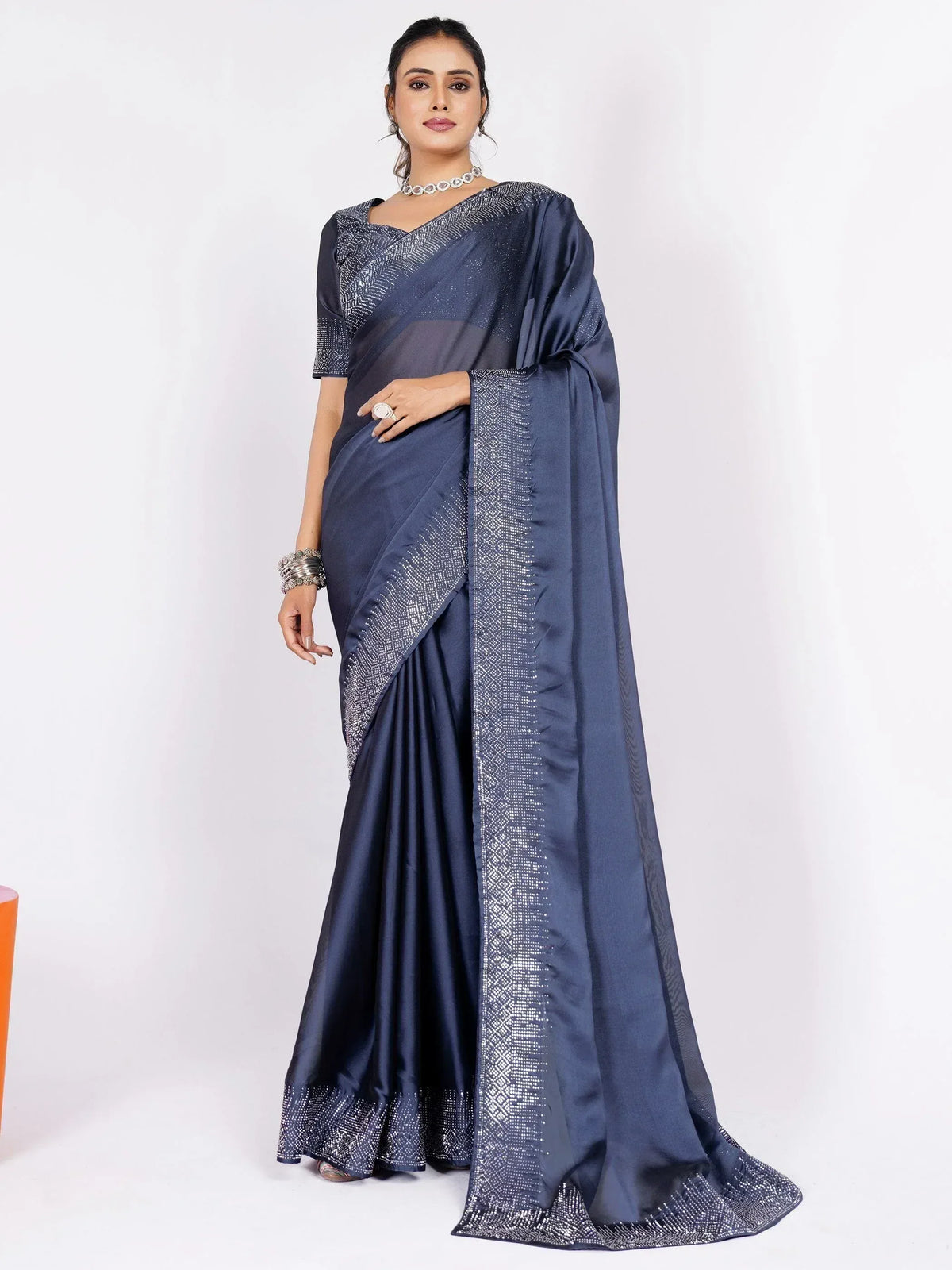 Navy blue designer saree with silver embellished border and blouse, ethnic wear for women