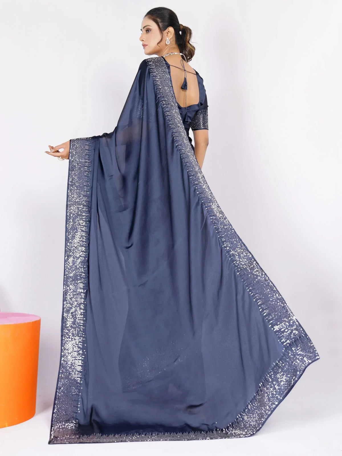 Navy blue designer saree with silver sequin border, backless blouse, ethnic wear for women