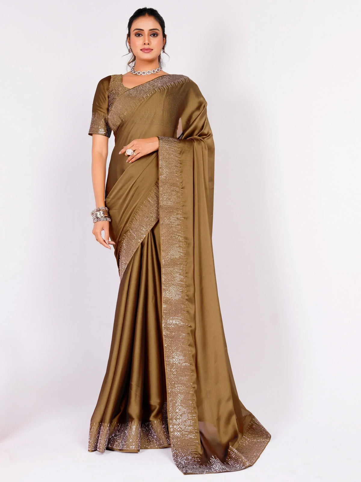Elegant olive green saree with sequin border and blouse, perfect for Indian ethnic occasions