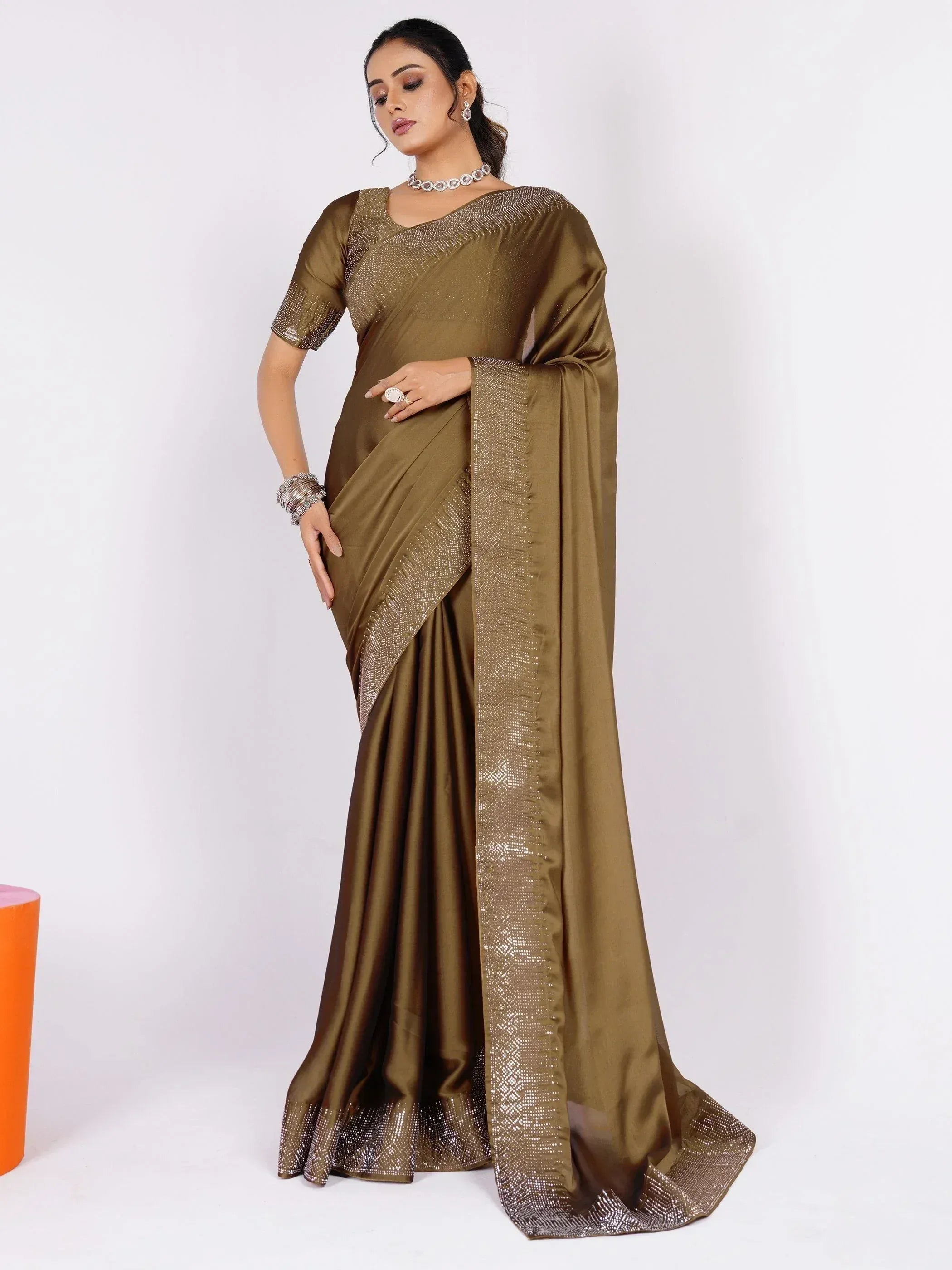 Olive green designer saree with sequin border and blouse, Indian ethnic wear for women