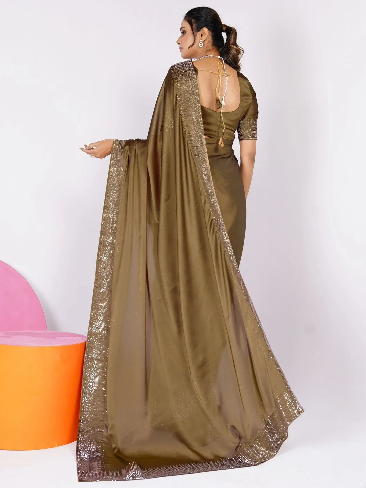 Olive green saree with sequin border, backless blouse, ethnic wear for women