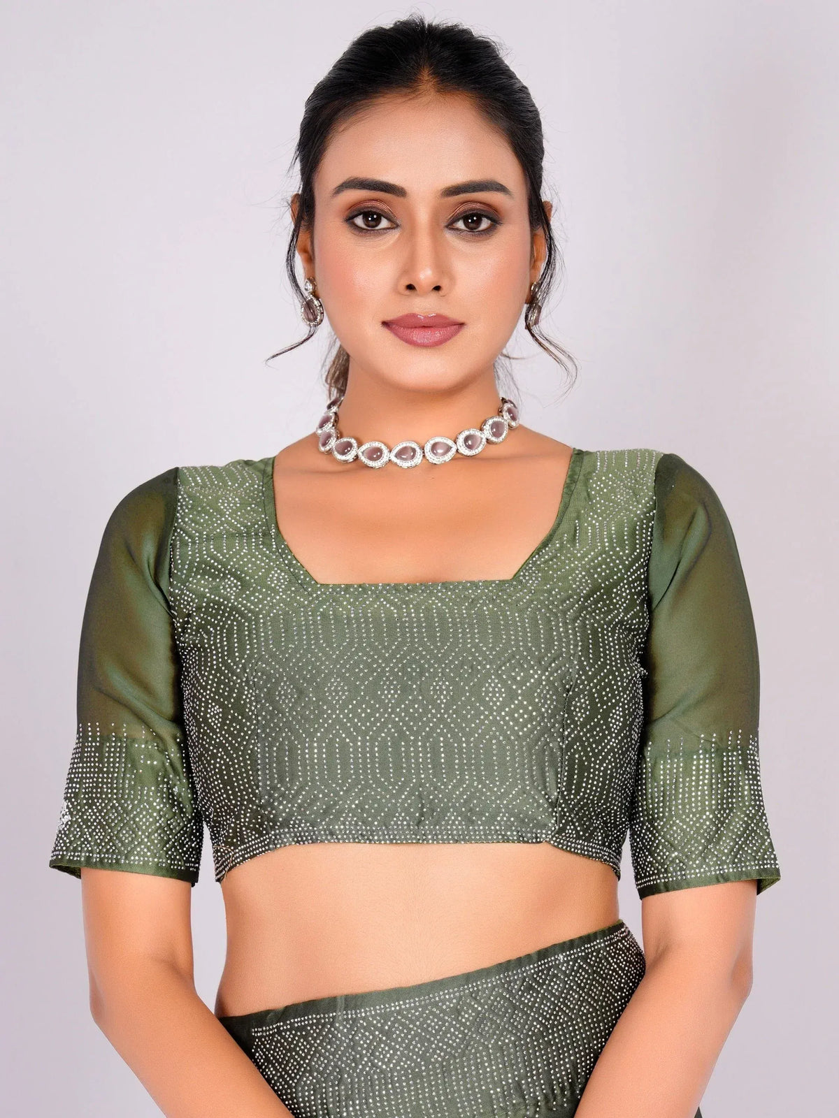 Olive green ethnic blouse with white dot embroidery, square neck, and 3/4 sleeves for saree or lehenga