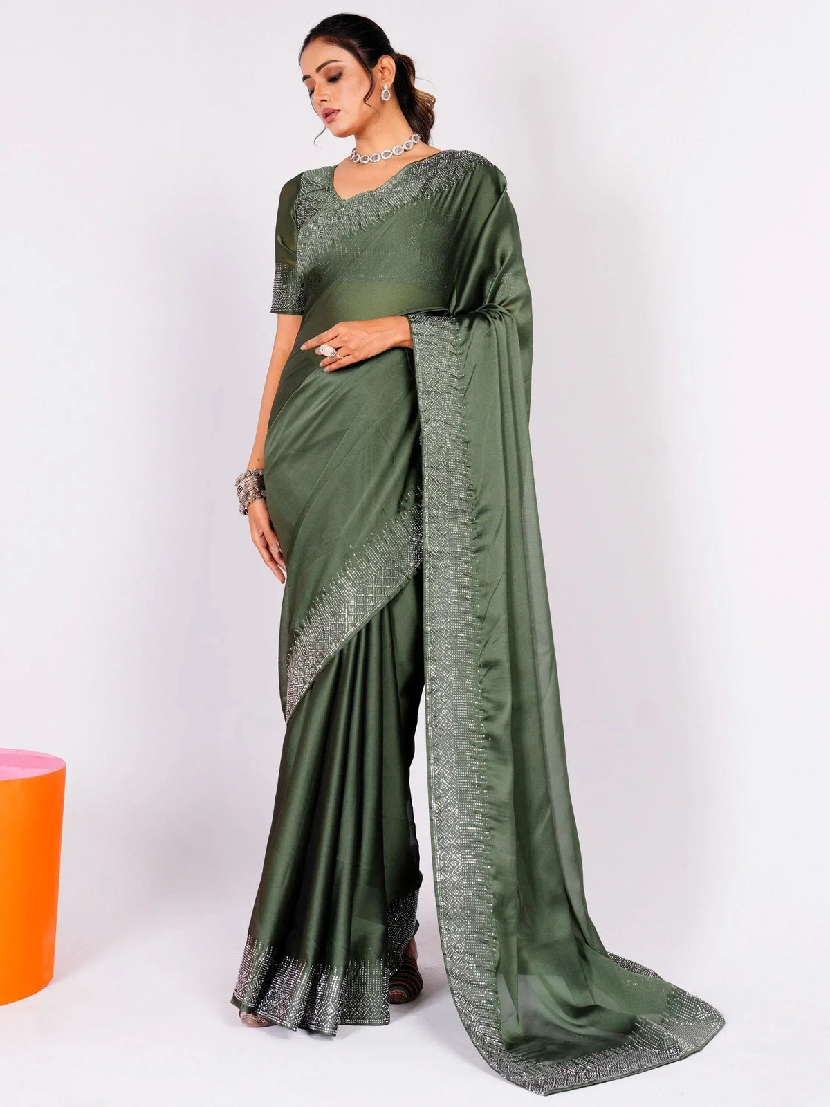 Olive green saree with silver embellished border and blouse, Indian ethnic wear