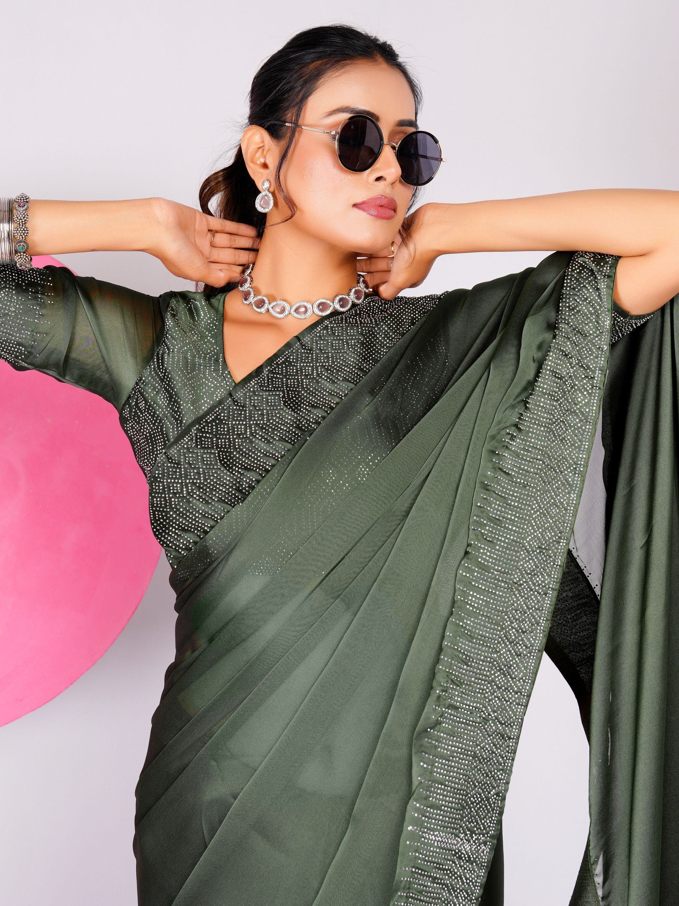 Mesmerizing Dusty Green Stone Work Rangoli Silk Designer Saree With Blouse