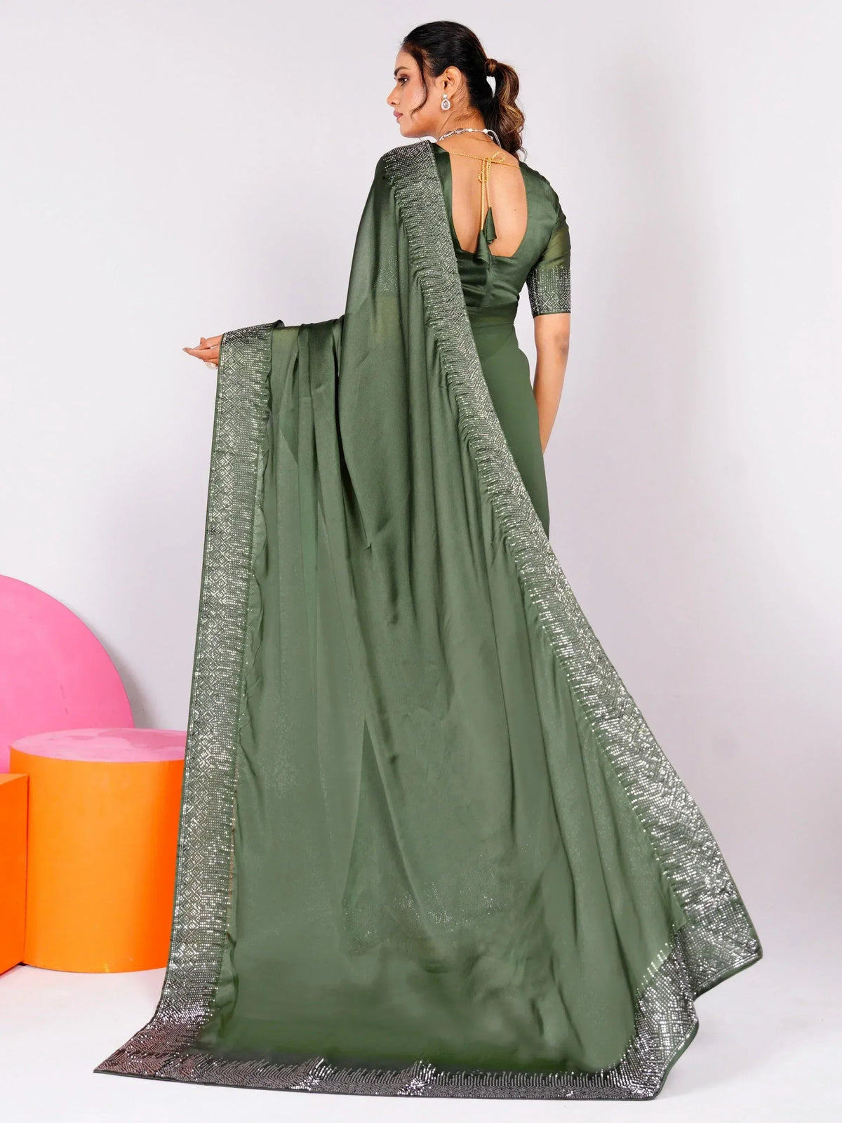 Olive green designer saree with sequin border, back view, ethnic wear for women