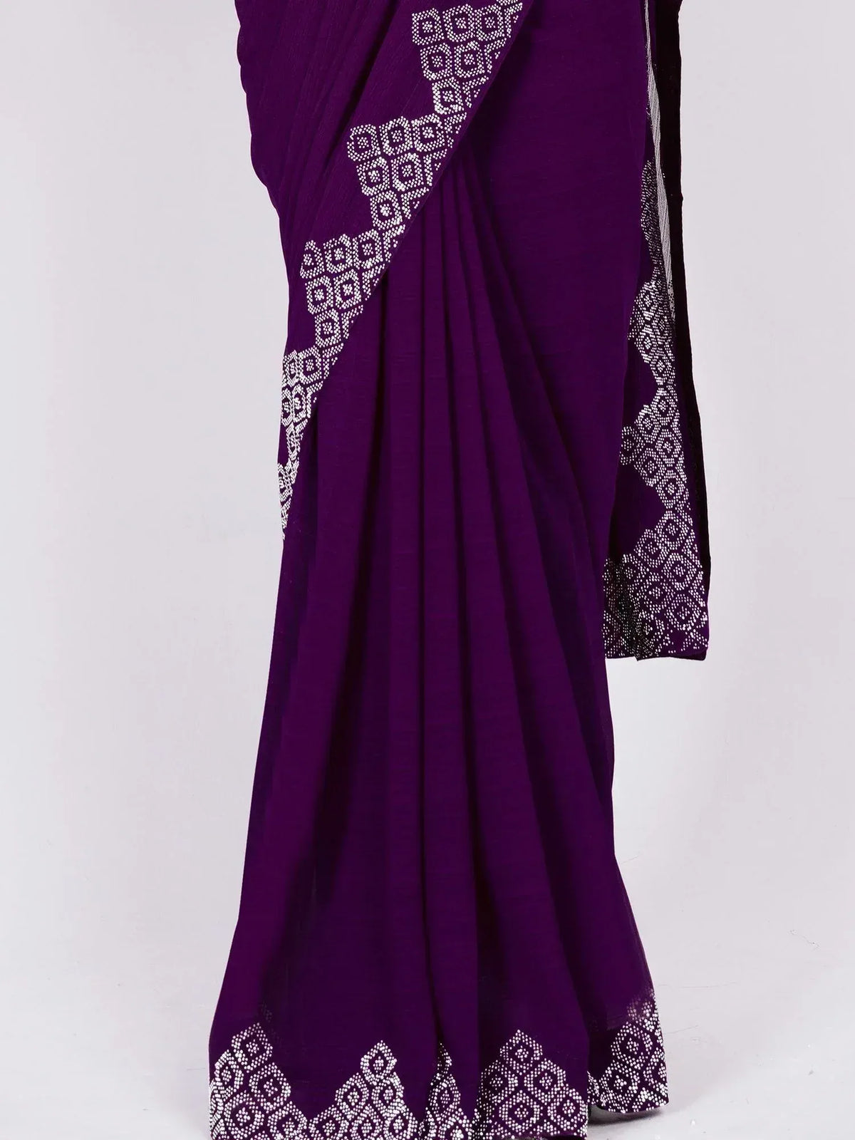 Purple saree with white geometric embroidery, ethnic Indian wear for women