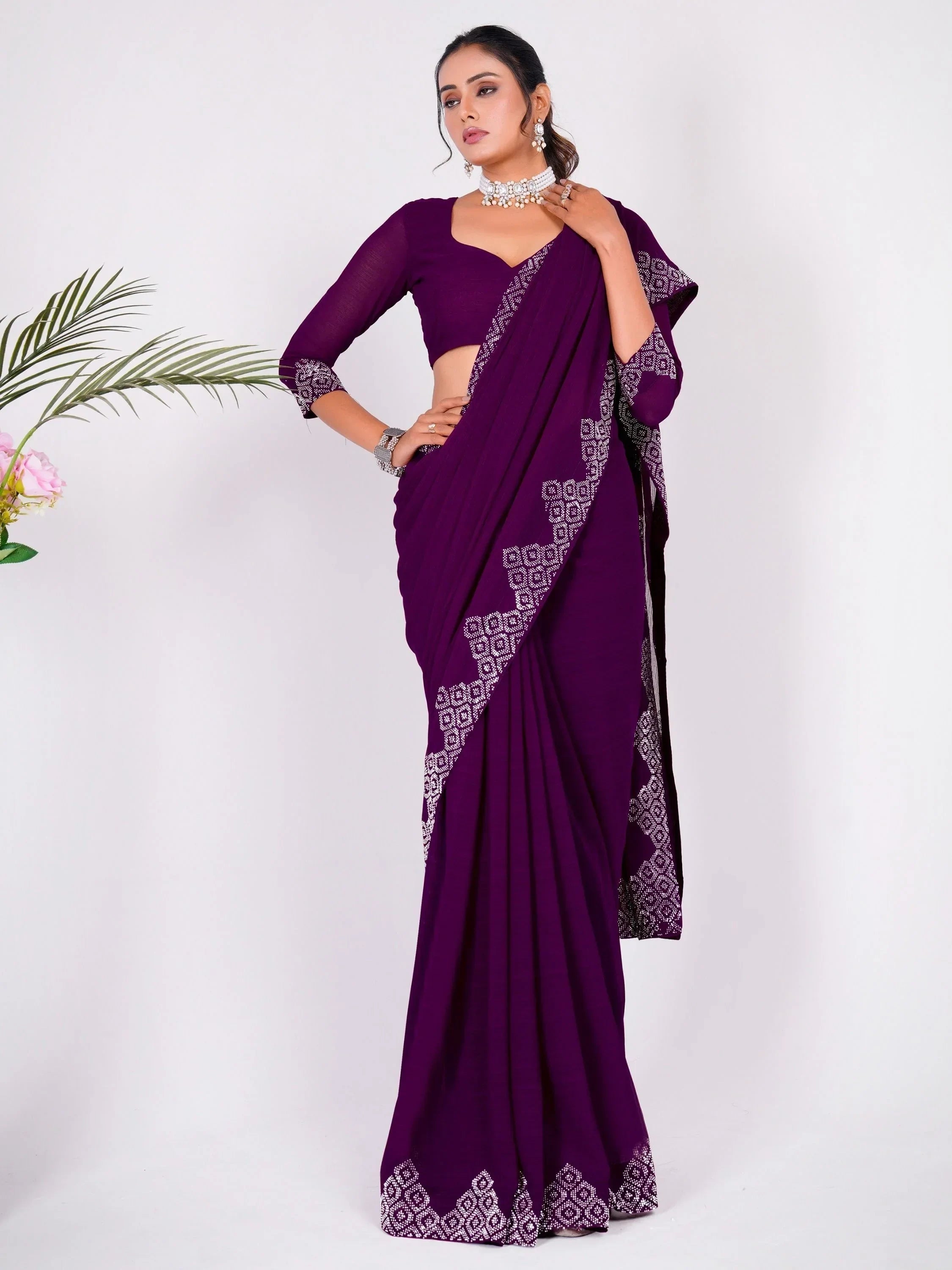 Fascinating Purple Swarovski Work Georgette Party Wear Saree